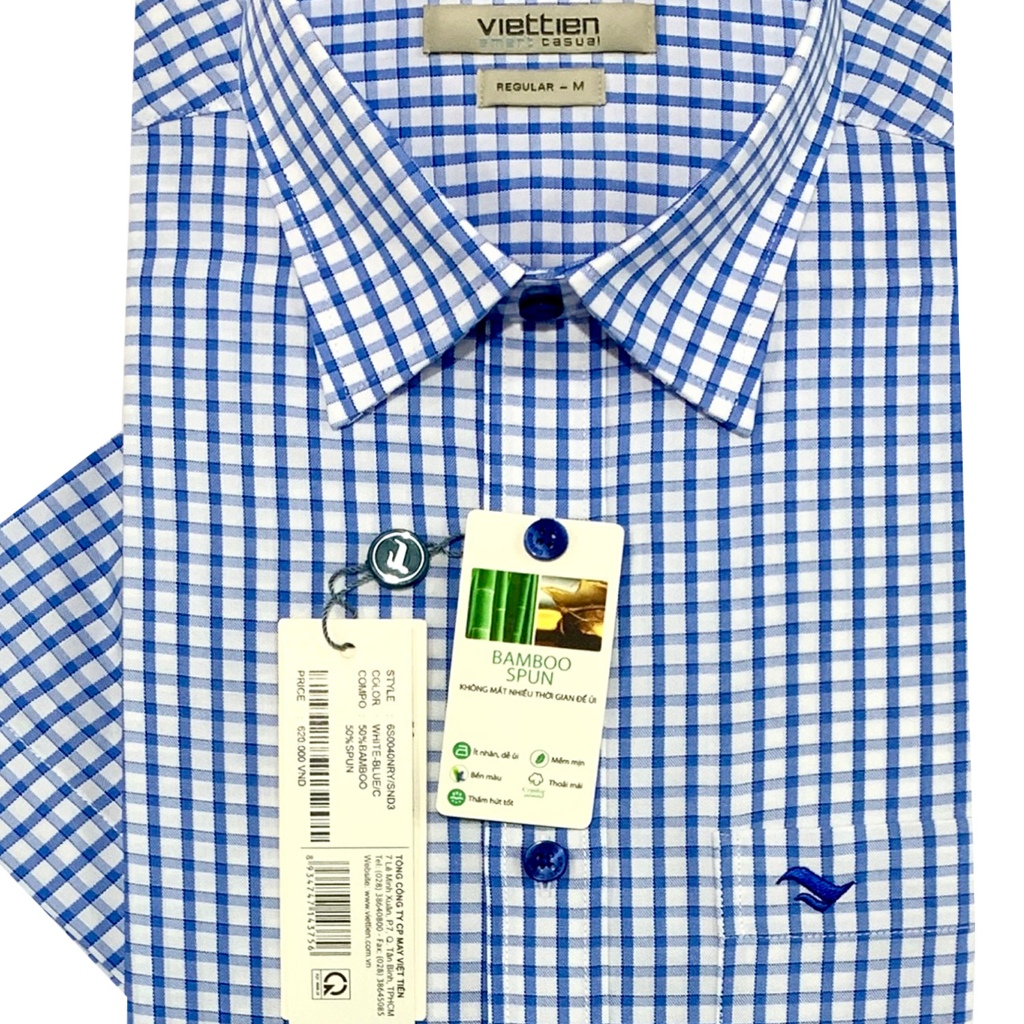 Viettien - Áo sơ mi nam ngắn tay xẻ tà vạt ngang Bamboo spun Ca rô Xanh trắng 6S0040 Regular