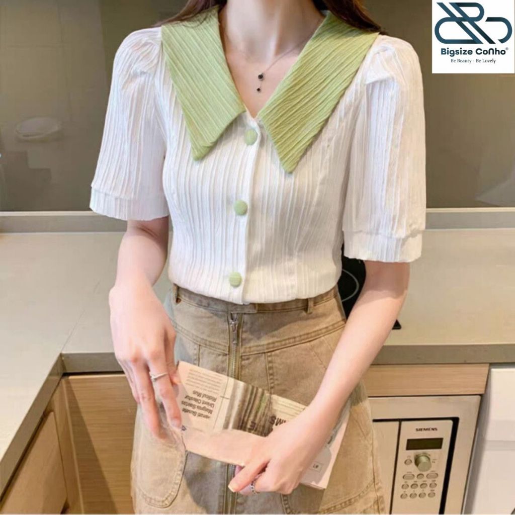 Áo Sơ Mi Bigsize Cô Nhỏ Cổ Nhọn Cúc Bọc Vải Xốp Mềm Mại Thoáng Mát Lên Phom Dễ Thương SM15