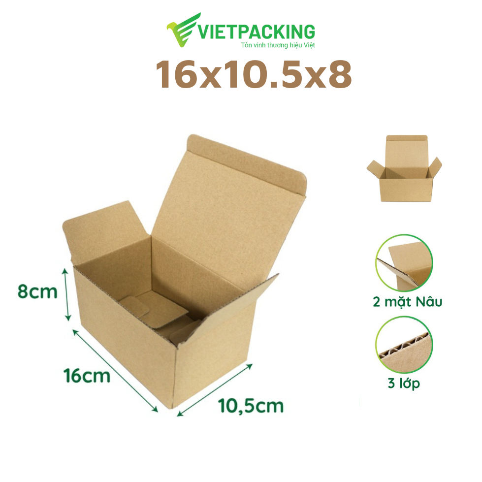 16x10x8 Combo 50 hộp carton dài nắp gài cứng cáp,hộp đựng ly, bình nước hộp carton vietpacking V080