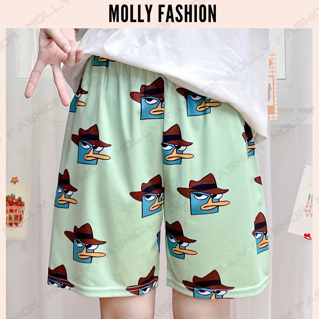 Quần Short hoạt hình PERRY MŨ NÂU Unisex dành cho nam nữ mặc nhà 38-80kg Molly Fashion