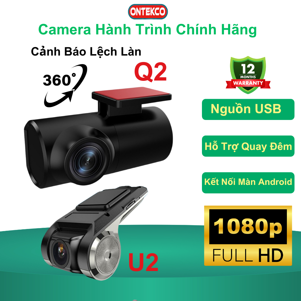 Camera hành trình ONTEKCO Q2 Full Hd 1080p  Quay 360 độ . kết nối màn hình android . bảo hành 12 tháng Chính hãng