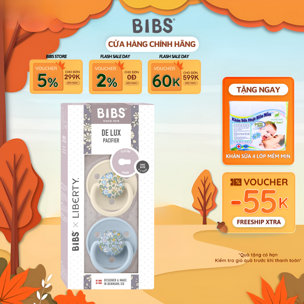Set 2 Cái Ti Giả BIBS X LIBERTY Delux, Núm Ti Giả Cho Bé Ngậm Hỗ Trợ Chỉnh Nha Đầu Dẹt Silicone Mềm Mại Cho Bé