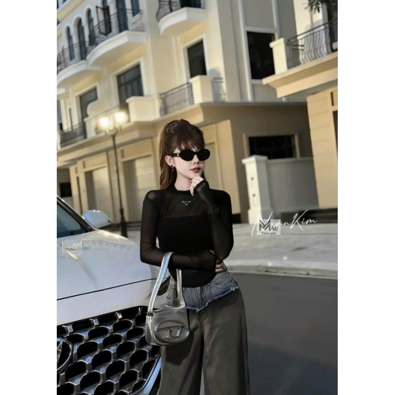 Áo von đính đá 2 lớp tay dài nữ, kiểu dáng crottop.