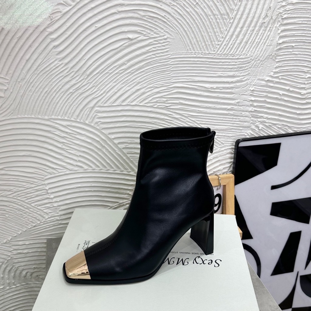 Bốt lửng SEXY gót dẹt da thật phối mũi vàng hàng QCCC