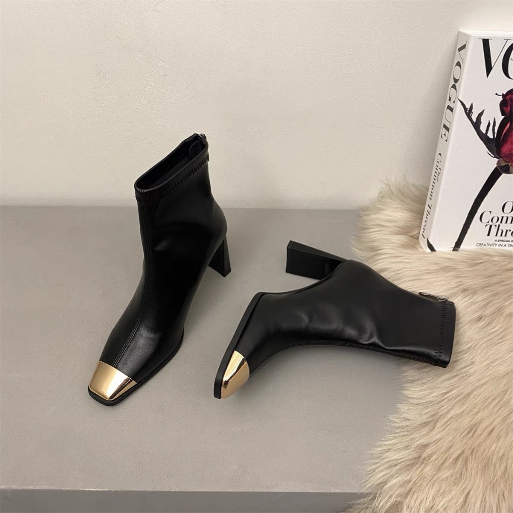 Bốt lửng SEXY gót dẹt da thật phối mũi vàng hàng QCCC