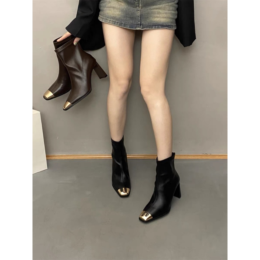 Bốt lửng SEXY gót dẹt da thật phối mũi vàng hàng QCCC