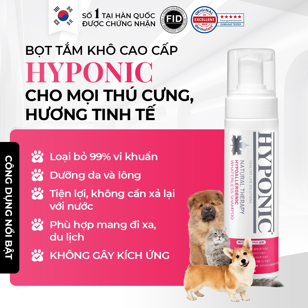 Bọt tắm khô cao cấp HYPONIC dành cho thú cưng, hương thơm tinh tế - 190ml