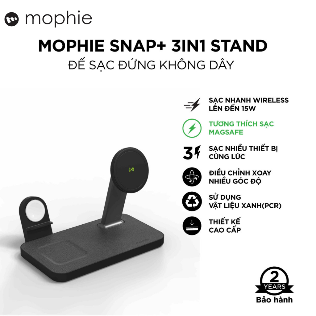 Đế sạc mophie Snap+ 3in1 Stand hỗ trợ sạc nhanh - Bảo hành 2 năm
