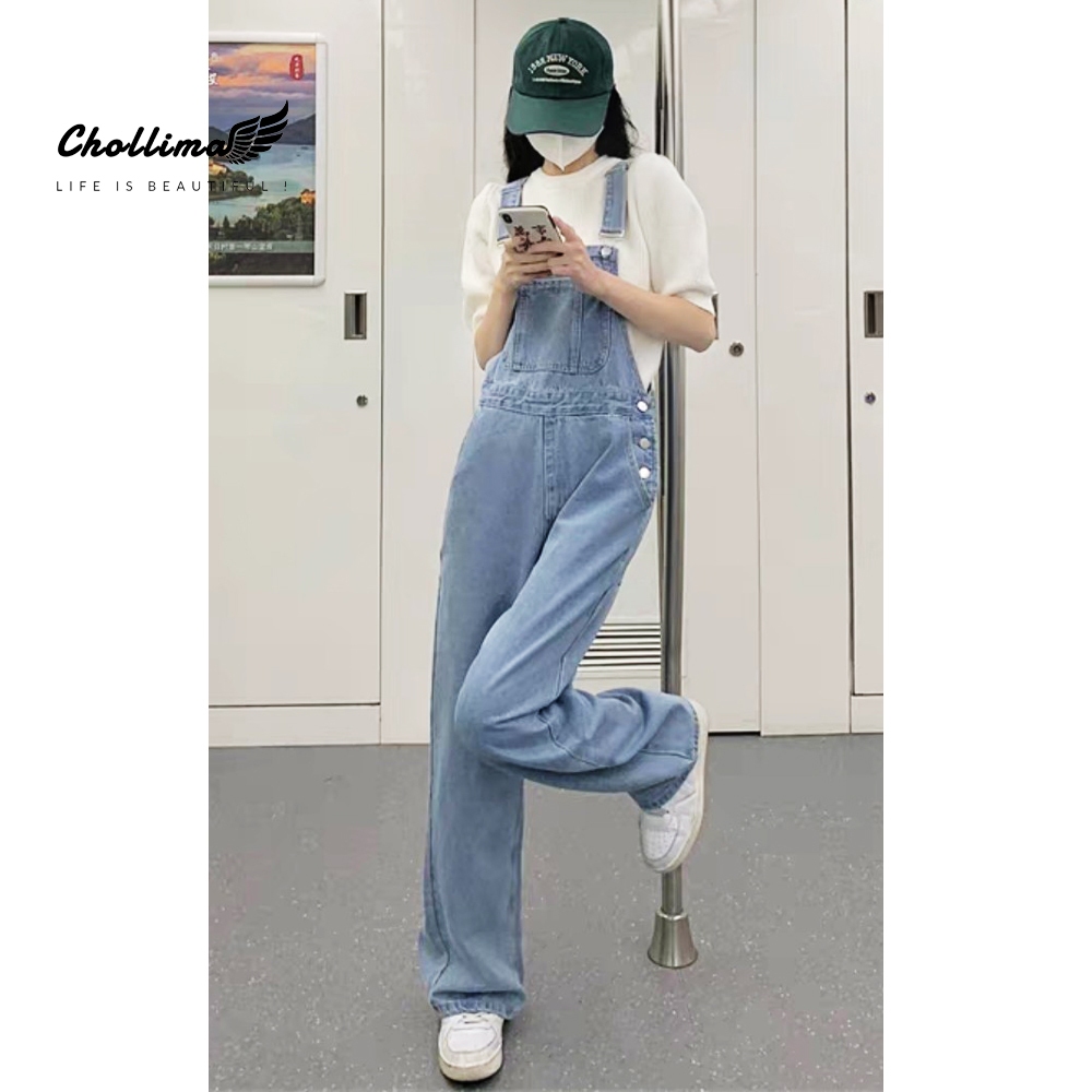 Quần yếm jeans nữ Chollima ống rộng, quần yếm xanh jean dài dáng rộng phong cách Hàn Quốc YJ035