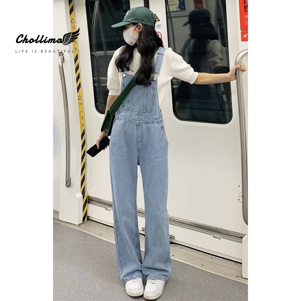 Quần yếm jeans nữ Chollima ống rộng, quần yếm xanh jean dài dáng rộng phong cách Hàn Quốc YJ035