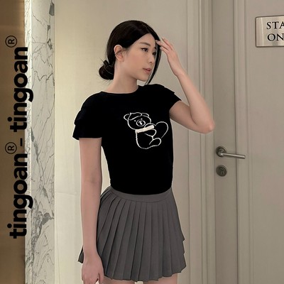 TINGOAN® - Áo len xù dáng lửng ngắn tay thêu hình gấu đen BABY BEAR TOP /BL PHIÊN BẢN T6.2026