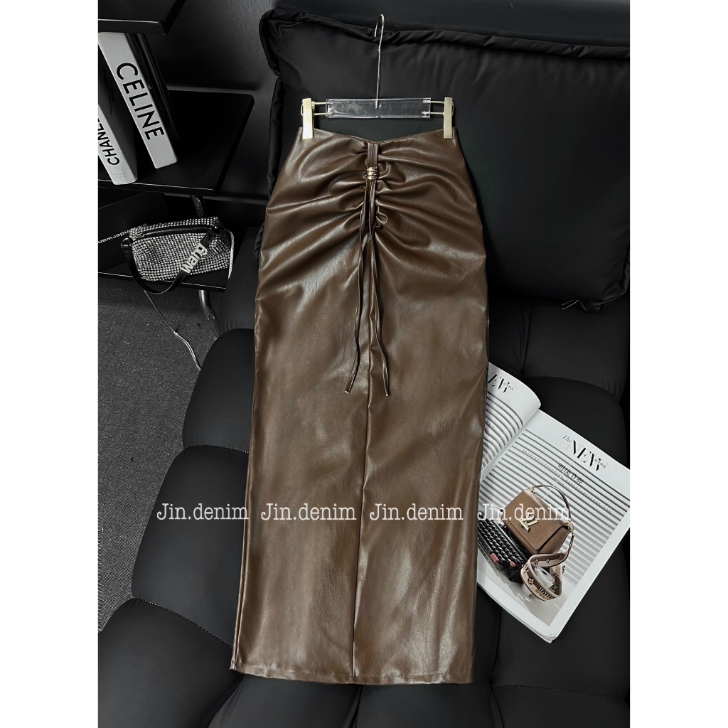 Chân váy da dáng dài, chân váy da bút chì cao cấp thiết kế sang chảnh, đầm da dúm eo dự tiệc, đi sự kiện đám cưới