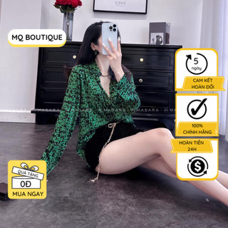 Áo sơ mi nữ lụa dài tay cao cấp công sở họa tiết chữ xanh nền đen cao cấp, áo sơ mi họa tiết thiết kế MQ Boutique