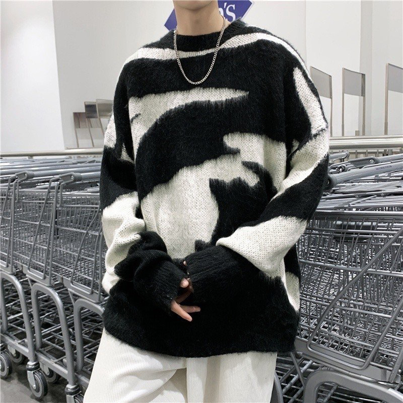 Áo sweater len nam nữ dệt hoạ tiết loang đen trắng khoang chất dày dặn cao cấp phong cách Unisex AN42P