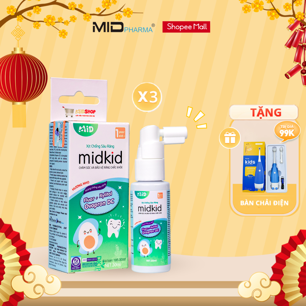 Combo 3 hộp Xịt chống sâu răng Midkid vị nho 30ml, giúp làm sạch và bảo vệ men răng, ngăn ngừa sâu sún, mảng bám, ố vàng