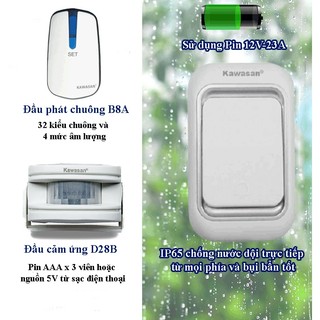Bộ Chuông báo khách, báo động không dây kết hợp chuông cửa không pin kín nước cao cấp kawa I618A-D