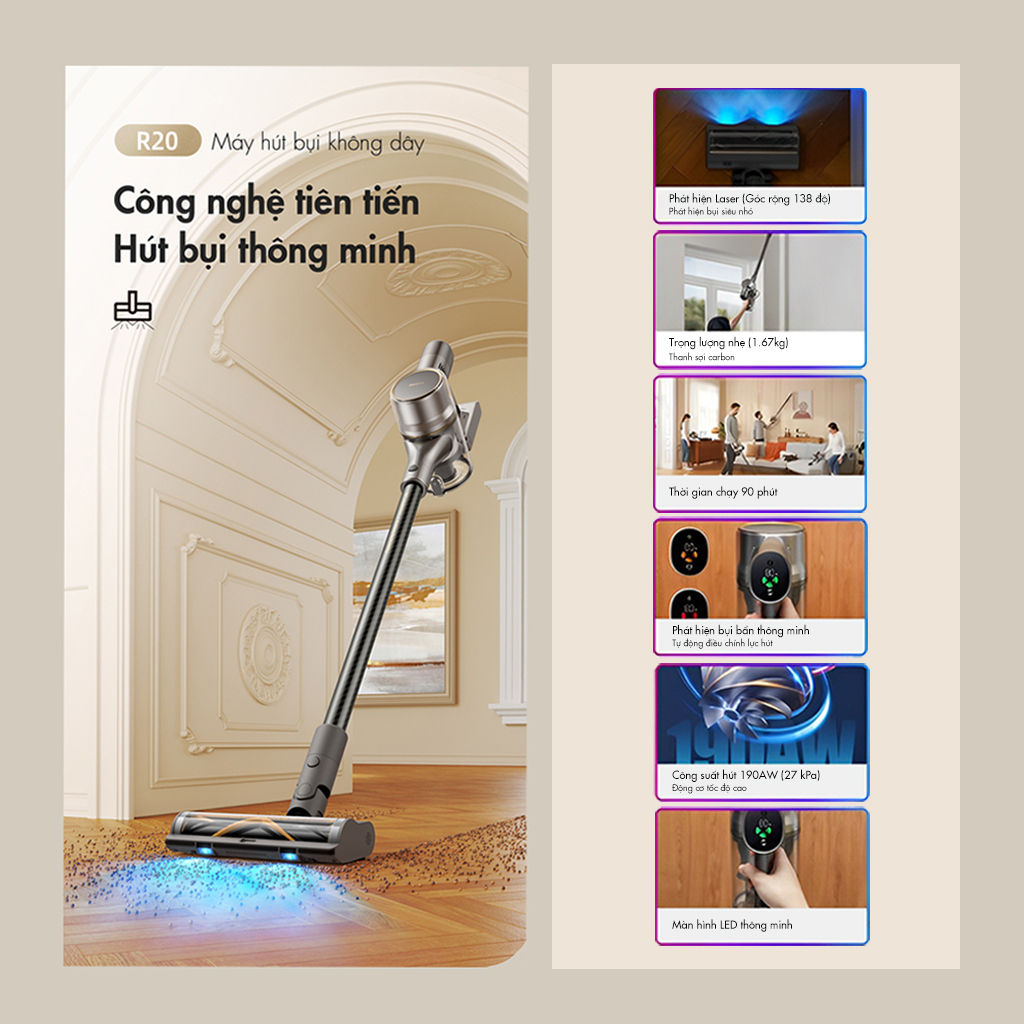 Dreame R10 / Dreame R20 - Máy hút bụi CẦM TAY KHÔNG DÂY THÔNG MINH - Model 2023