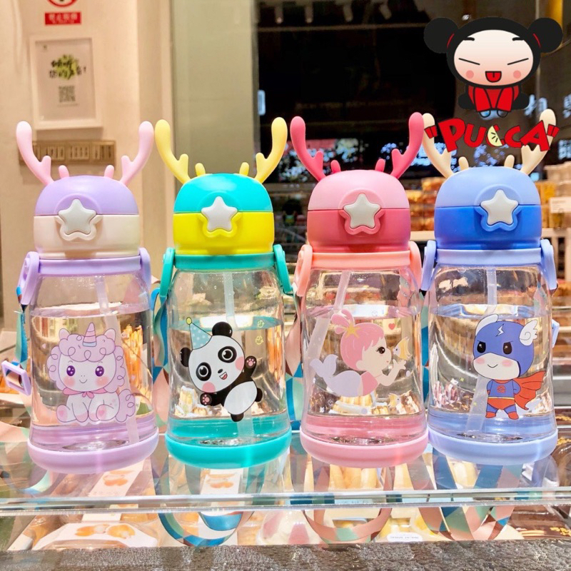 Bình Nước 600ml Tuần Lộc Sừng Hươu Tặng Kèm Dây Đeo, Bình Nước Cho bé yêu đi học đi dã ngoại du lịch tặng kèm dây đeo