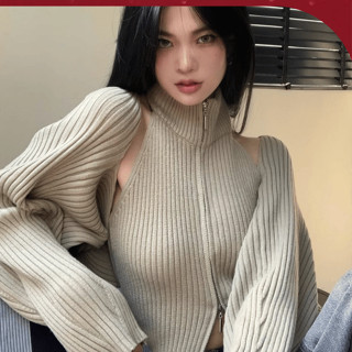 k3fashion ~ Set áo len cổ lọ cho nữ set áo ba lỗ kéo khoá và áo khoác cadigan lửng cho nữ phong cách cá tính hiện đại