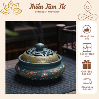 Lư gốm xông trầm,lư đốt trầm, lư xông trầm thủ công cao cấp, TẶNG nhang vân mây