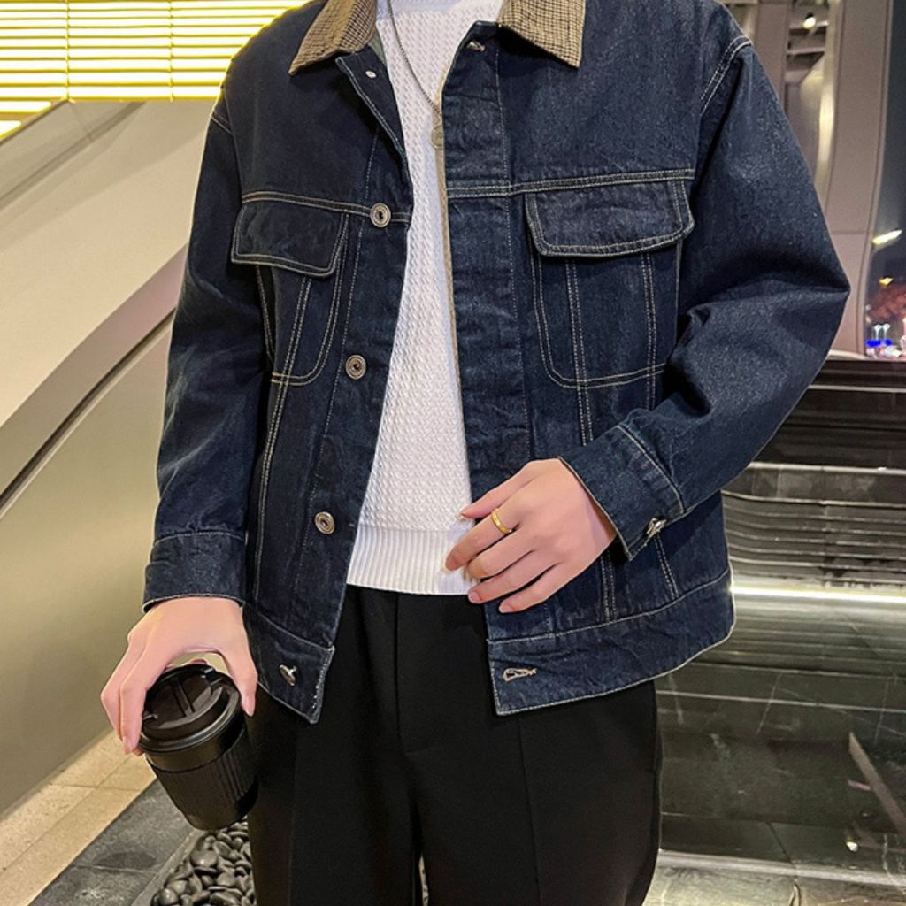 Áo Khoác Jean Nam Cổ Bẻ Họa Tiết Phong Cách Thời Trang