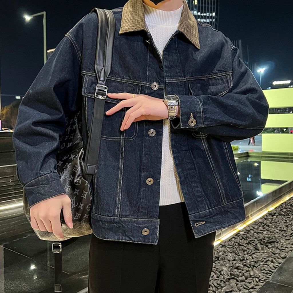 Áo Khoác Jean Nam Cổ Bẻ Họa Tiết Phong Cách Thời Trang