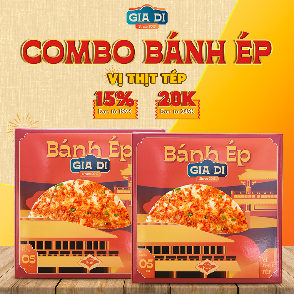 Bánh Ép Huế, Bánh Ép Khô Huế, Bánh Ép Gia Di, Combo 2 Hộp Vị Thịt Tép Hộp 5 Cái