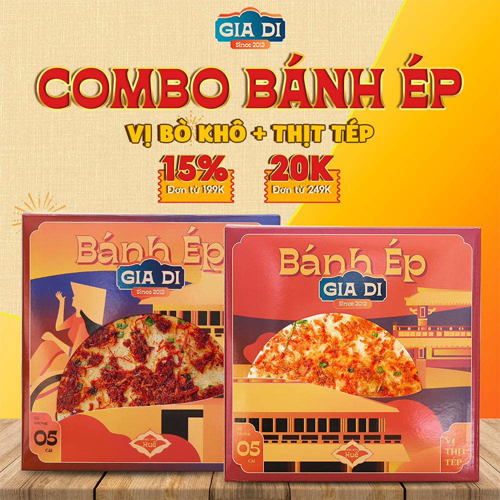 Bánh Ép Huế, Bánh Ép khô Huế, Bánh Ép Gia Di, Combo 2 Hộp Vị Bò Khô Và Thịt Tép Hộp 5 Cái