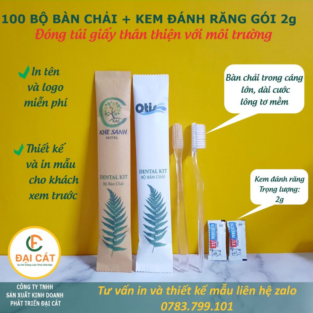Bàn chải khách sạn - Miễn phí in logo 100 Bộ bàn chải lông tơ và kem gói Tự Nhiên dành cho nhà nghỉ, khách sạn