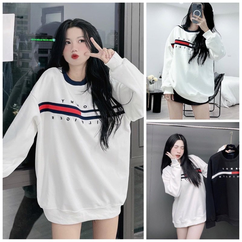Áo phông dài tay nam nữ Tom.my thường_Hilfiger in vạch sọc đen trắng đỏ chữ kí. Áo Thun Form Rộng Unisex Siêu Hot