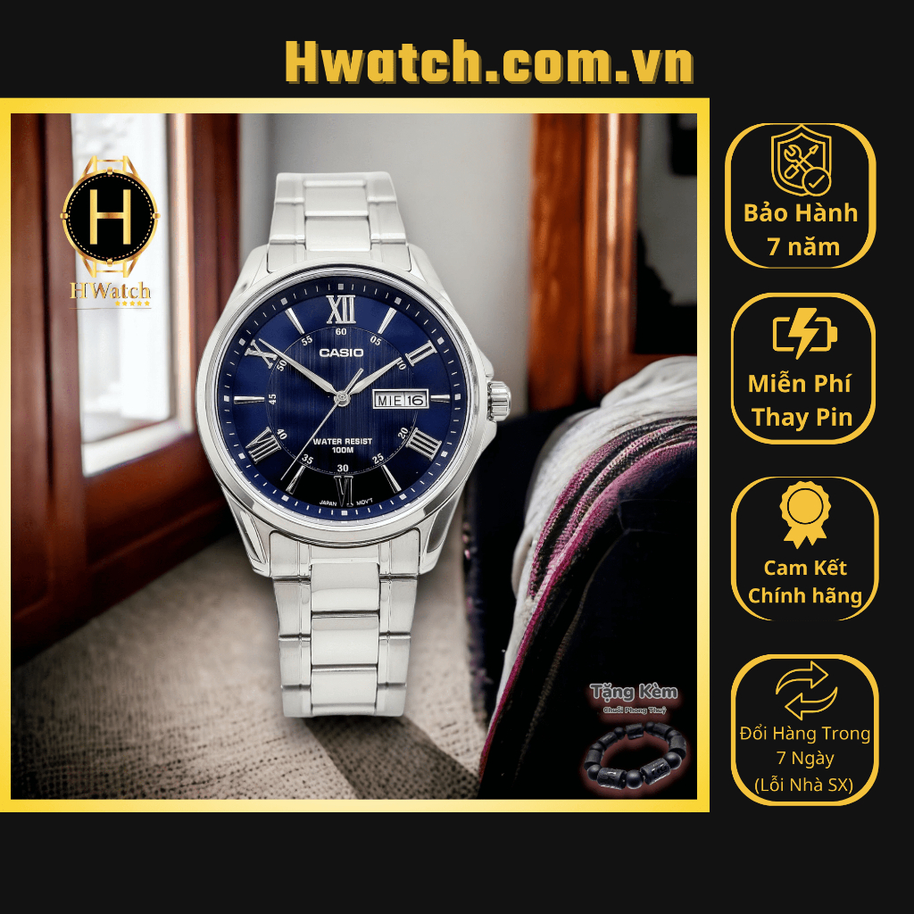 [Chính hãng 2] [Có sẵn] Đồng Hồ Nam Casio Pin MTP-1384D-2AVDF Dây Thép Bạc Mặt Xanh