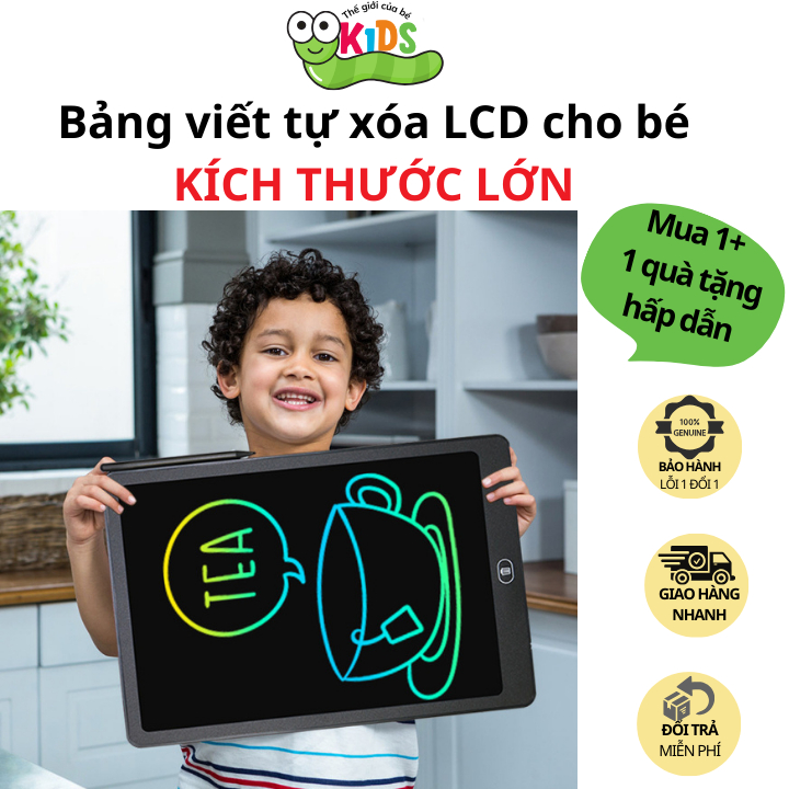 Bảng viết tự xóa màn hình LCD thông minh kích thước lớn cho bé tập viết, tập vẽ - BẢNG 16 IN ĐA SẮC PIN
