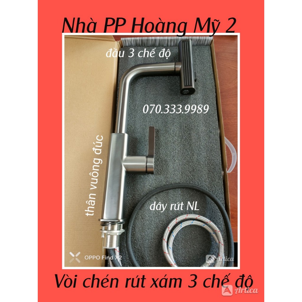 Vòi rửa chén bát rút dây nóng lạnh inox 304 phủ Nano Xám Thân Vuông đầu búa 3 chế độ