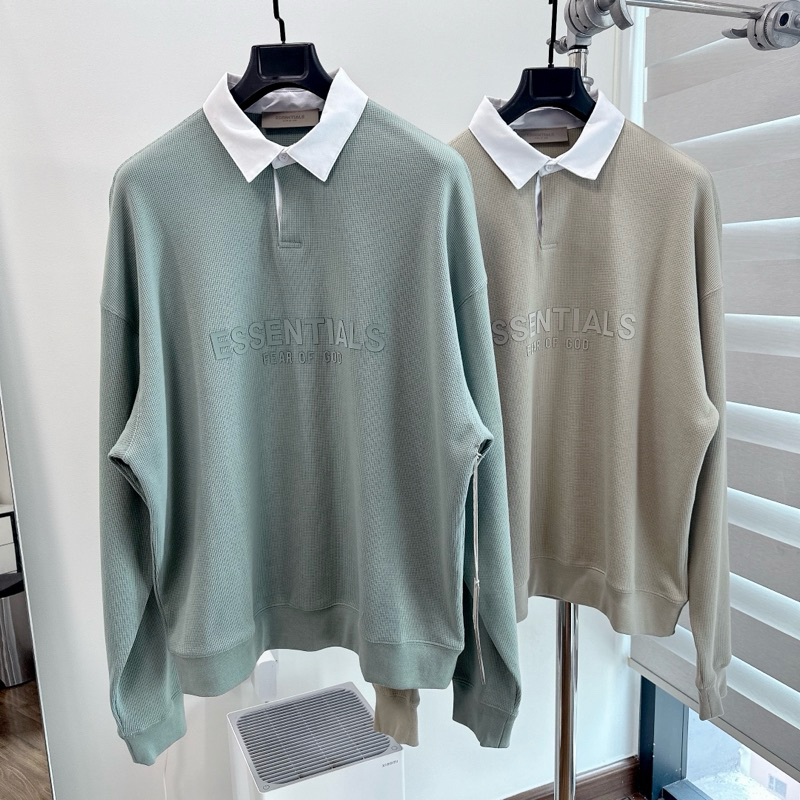 ⚡️ - Áo Thun FOG Fear Of God ESSENTIALS Waffle Henley Rugby Long Sleeve Polo, Áo polo LS ESSENTIALS