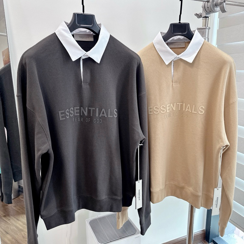⚡️ - Áo Thun FOG Fear Of God ESSENTIALS Waffle Henley Rugby Long Sleeve Polo, Áo polo LS ESSENTIALS
