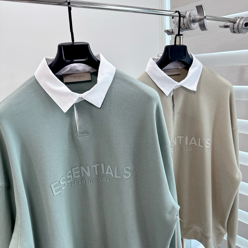 ⚡️ - Áo Thun FOG Fear Of God ESSENTIALS Waffle Henley Rugby Long Sleeve Polo, Áo polo LS ESSENTIALS