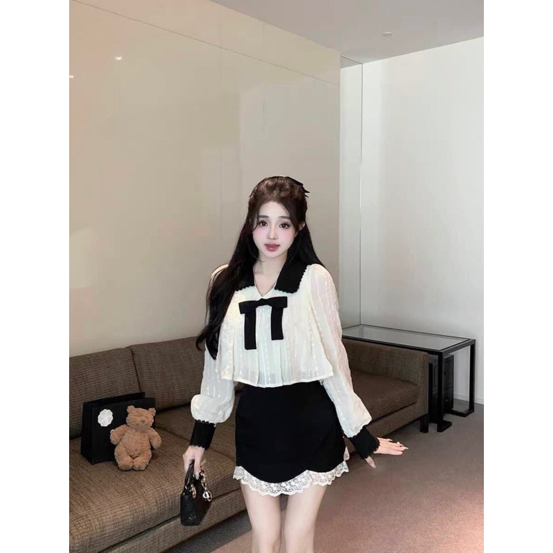 SET ÁO XỐP TRẮNG PHỐI CỔ NƠ ĐEN + CHÂN VÁY ĐEN VIỀN REN