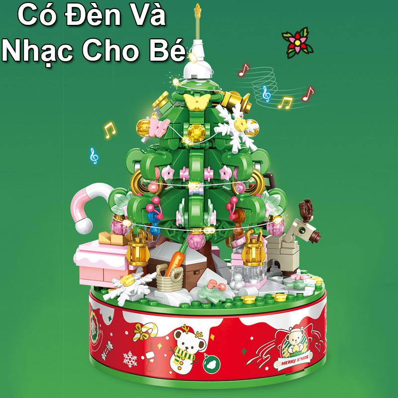 Đồ Chơi Lắp Ráp Kiểu Lego Noel Hộp Nhạc Cây Thông Và Gấu Teddy Có Nhạc Và Đèn No.881305 Với 400+ PCS,Quà Tặng Giáng Sinh