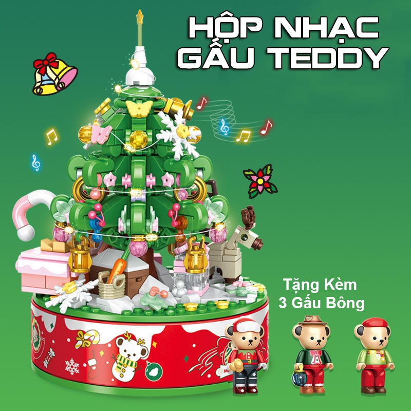 Đồ Chơi Lắp Ráp Kiểu Lego Noel Hộp Nhạc Cây Thông Và Gấu Teddy Có Nhạc Và Đèn No.881305 Với 400+ PCS,Quà Tặng Giáng Sinh