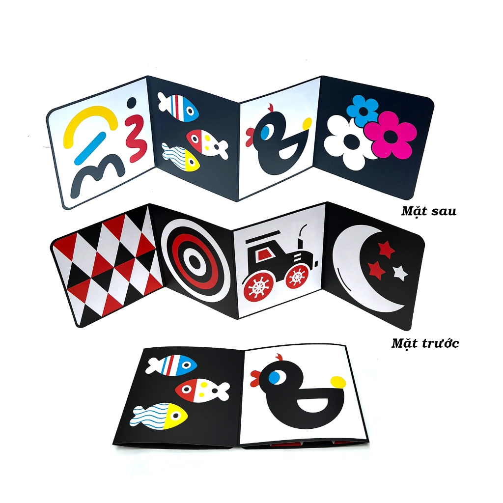Tranh đen trắng kích thích thị giác cho bé thẻ ziczac tiêu chuẩn montessori thẻ gấp 8 mặt phát triển đa giác quan