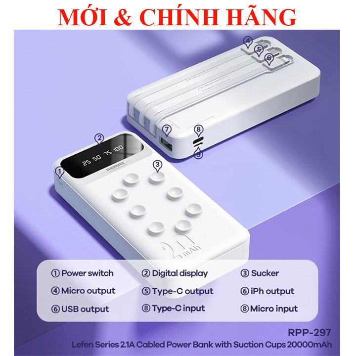 Pin dự phòng sạc nhanh Remax RPP-297 dung lượng 20000mAh. Tích hợp 3 cáp sạc phù hợp nhiều dòng máy