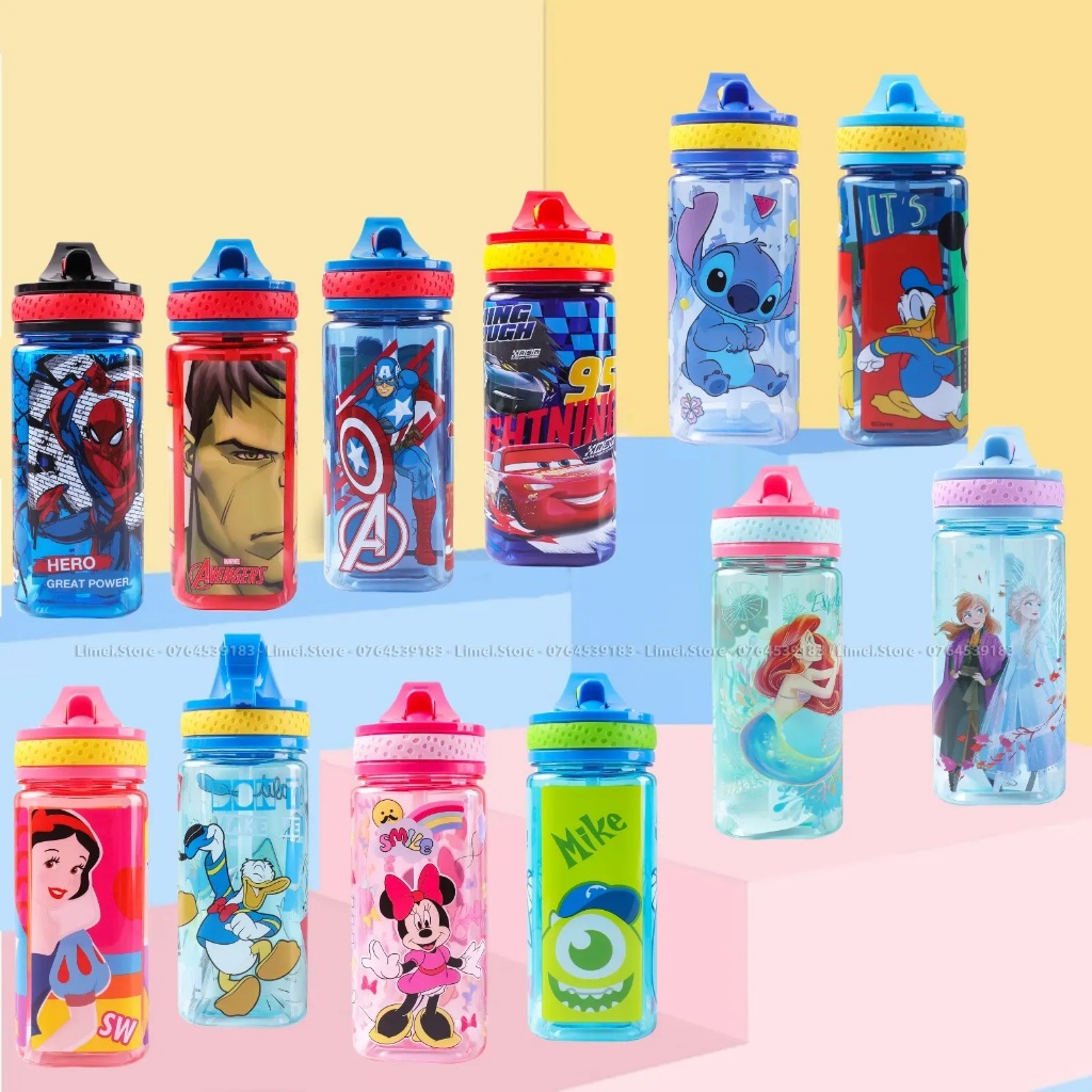 Bình nước vuông Disney có ống hút hình Avengers Frozen Mickey Princess Spiderman Minnie Stitch Sulley 22073 cho bé 460ml
