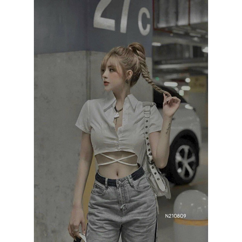 Áo sơmi croptop cột dây eo