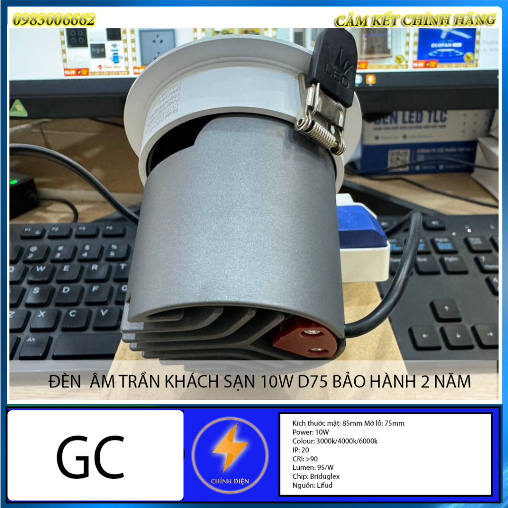 Đèn âm trần khách sạn, spotlight 10w d75 bảo hành 2 năm