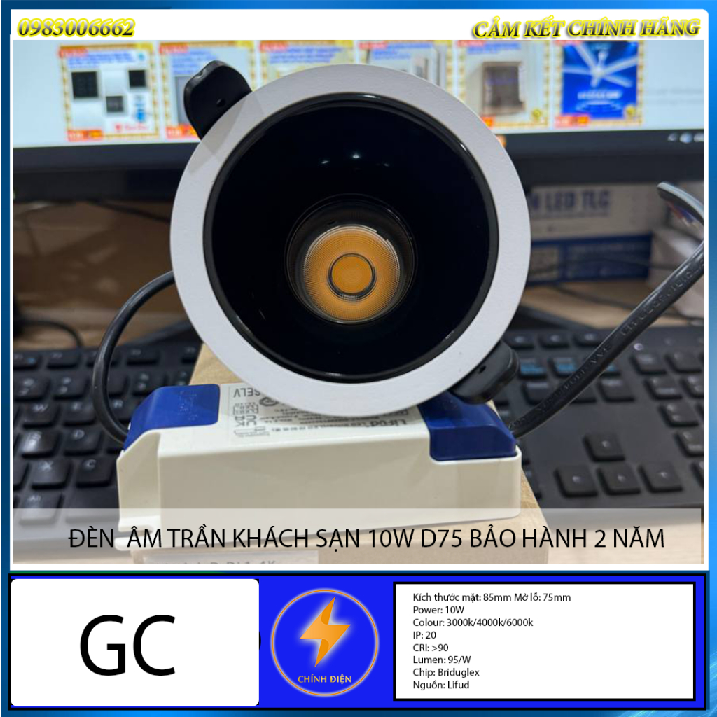 Đèn âm trần khách sạn, spotlight 10w d75 bảo hành 2 năm