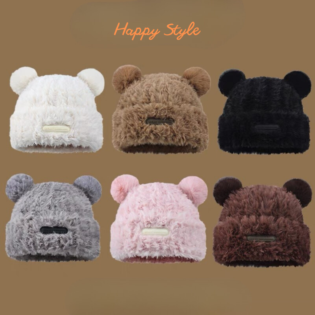 Mũ Lông Tai Gấu Tag Cao Su Nón Len Beanie Trùm Đầu Phong Cách Hàn Quốc Mùa Đông Ấm Áp N196