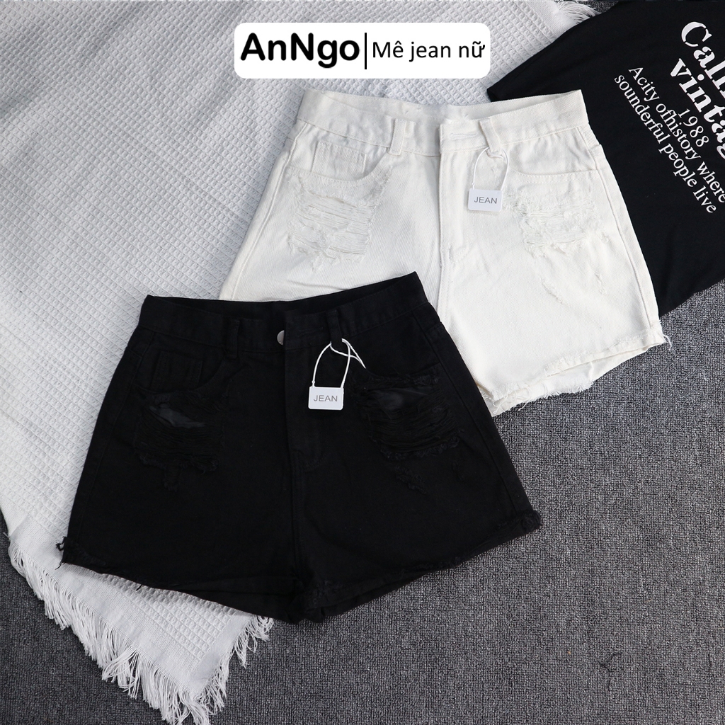 Quần short jean nữ rách trắng đen xinh xắn basic, dễ phối đồ ANNGO - AT291