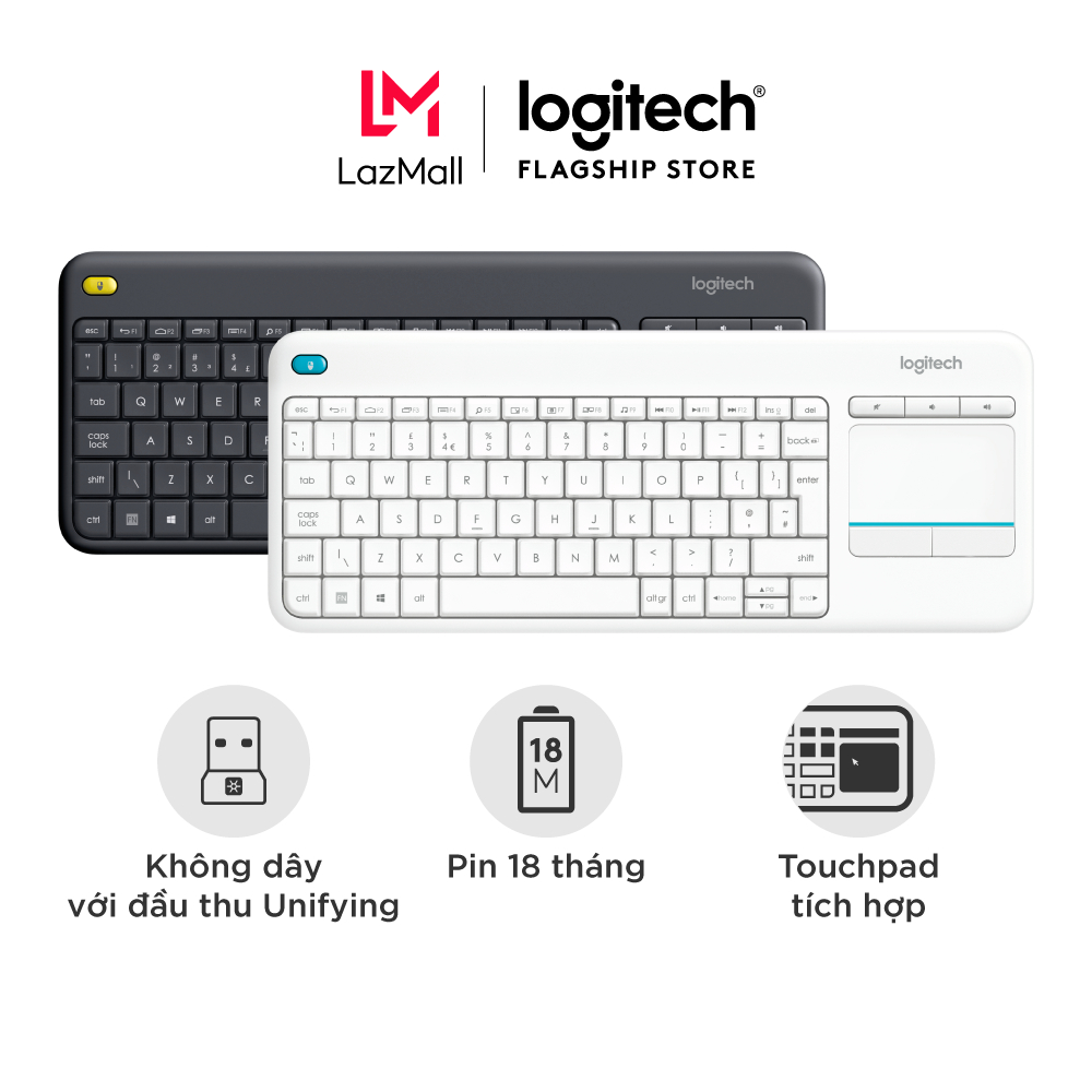 Bàn phím không dây Logitech K400 Plus - có touchpad để kết nối PC đến TV, nút Media tùy chỉnh, phù hợp Laptop/ TV.