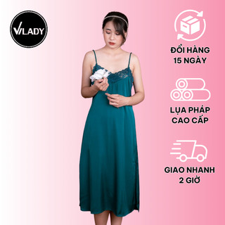 Váy Ngủ Vilady Vải Lụa Pháp Cao Cấp Phối Ren Ngực Màu Xanh Rêu Sang Trọng Nữ Tính