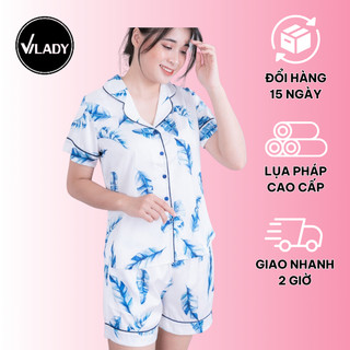 Bộ Đồ Pỵjama Nữ Vilady Chất Lụa Pháp Hoạ Tiết Hoa Lá Màu Xanh Chất Liệu Thoáng Mát
